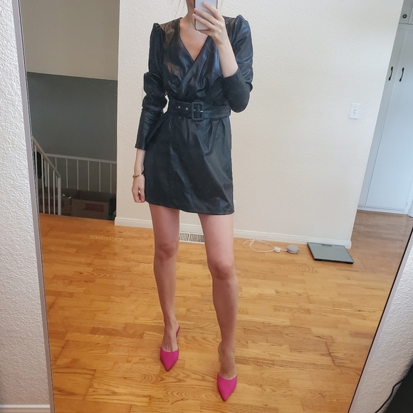Zara * belted faux leather dress wrap mini black - Picture 2 of 9